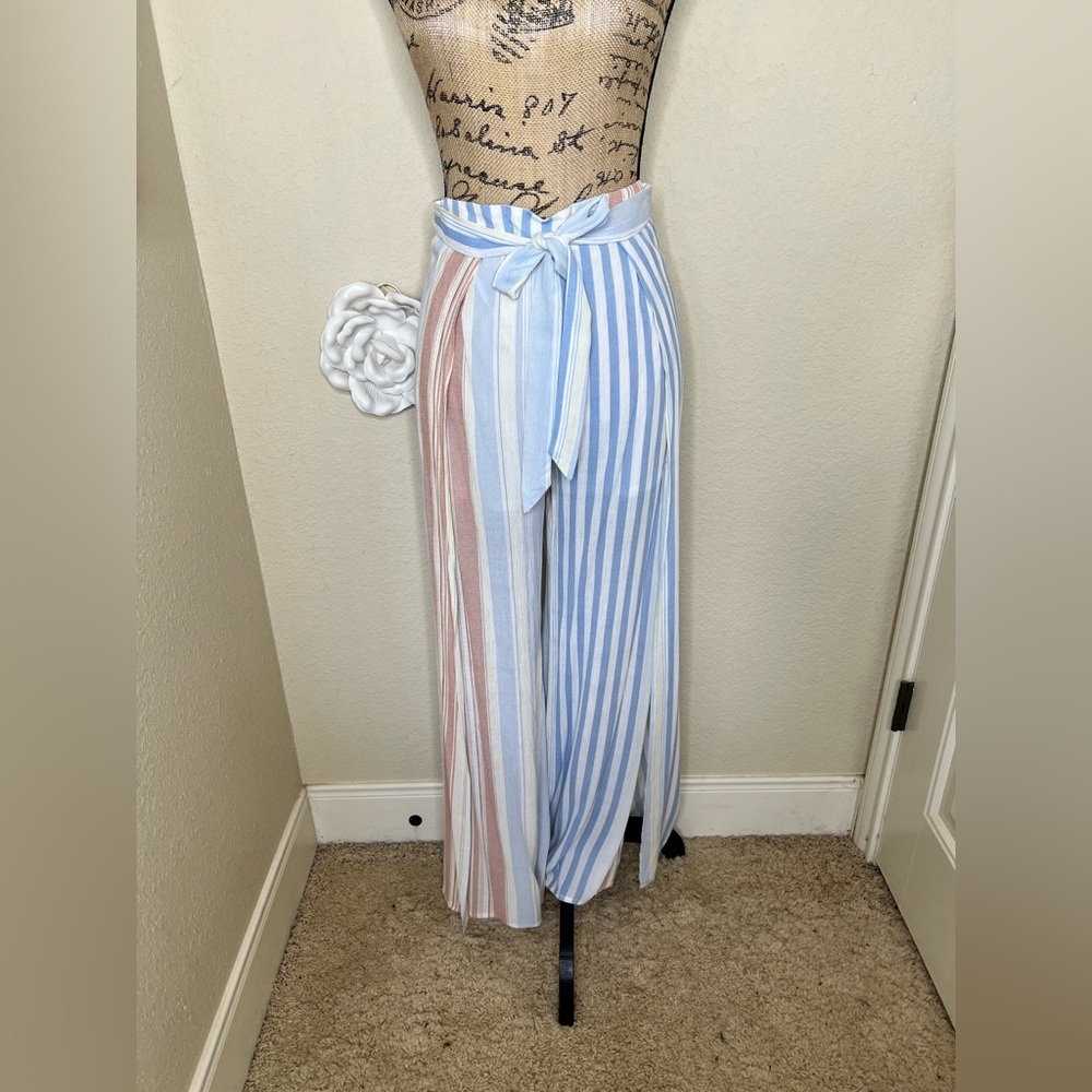 NTM: L Love Wide Leg Wrap Front Stripe Pants Small High Waist Beach Vacation